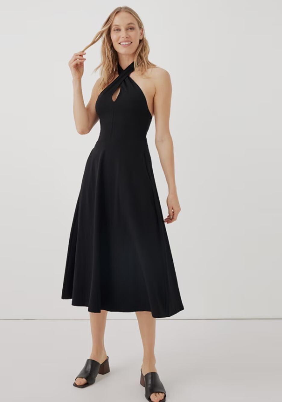 PACT Black Halter Tie Neck Dress Organic Cotton Midi Pockets Size S